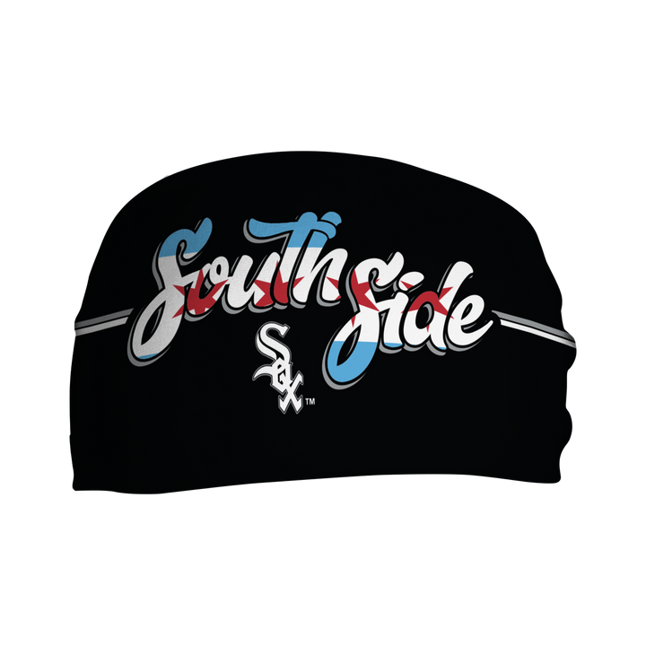 Front view of MLB Chicago White Sox black headband with South Side logo. Made in USA, Vertical  Athletics brand.  