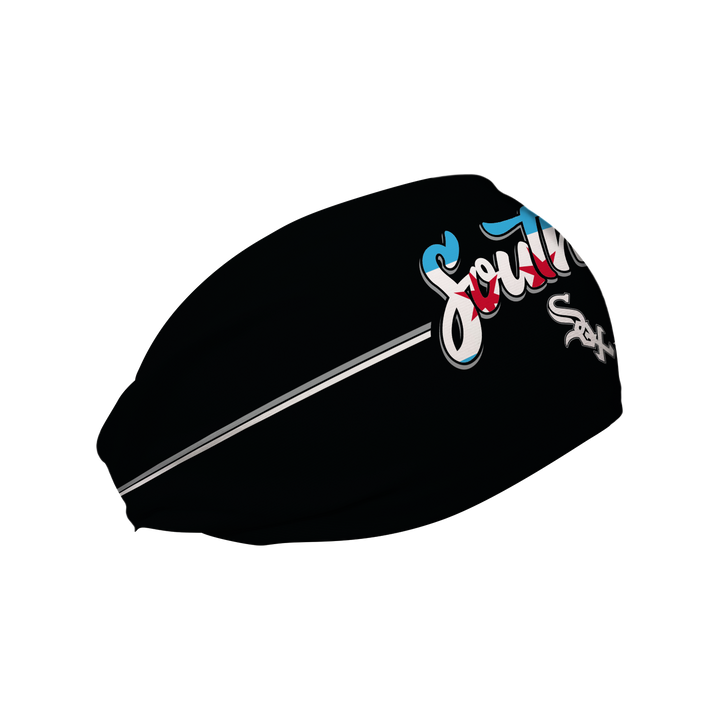 Side view of MLB Chicago White Sox black headband with South Side logo. Made in USA, Vertical Athletics brand. 