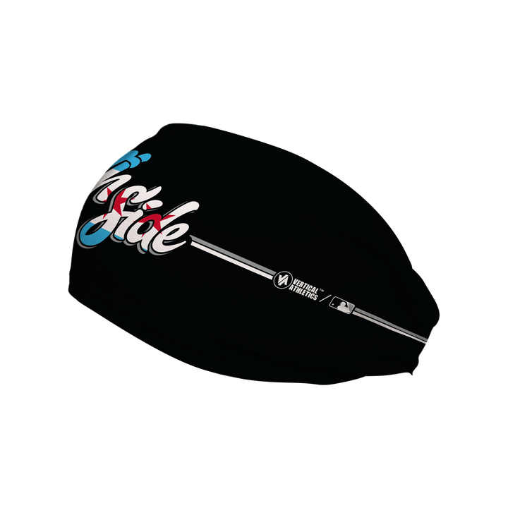Side view of MLB Chicago White Sox black headband with South Side logo. Made in USA, Vertical Athletics brand. 