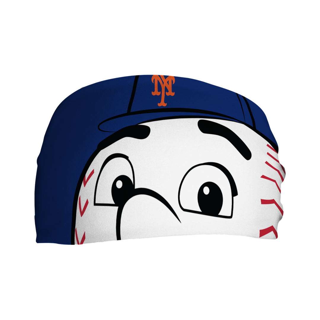 MLB New York Mets cooling headband with Mr. Met mascot stare. Made in USA, Vertical Athletics brand.  