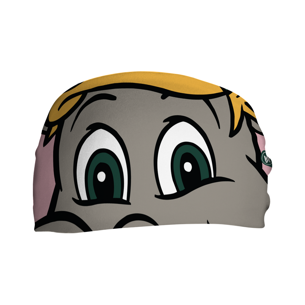 Front view of MLB Athletics headband with Stomper mascot stare. Made in USA, Vertical Athletics brand.  