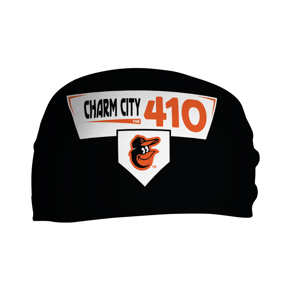 Front view of MLB Baltimore Orioles black headband with Charm city area code. Made in USA, Vertical Athletics brand. 