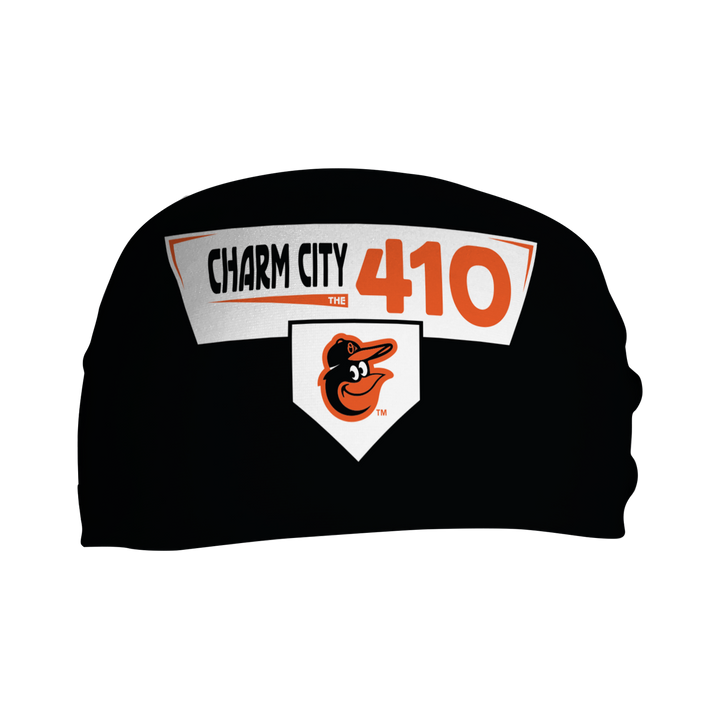 Front view of MLB Baltimore Orioles black headband with Charm city area code. Made in USA, Vertical Athletics brand. 