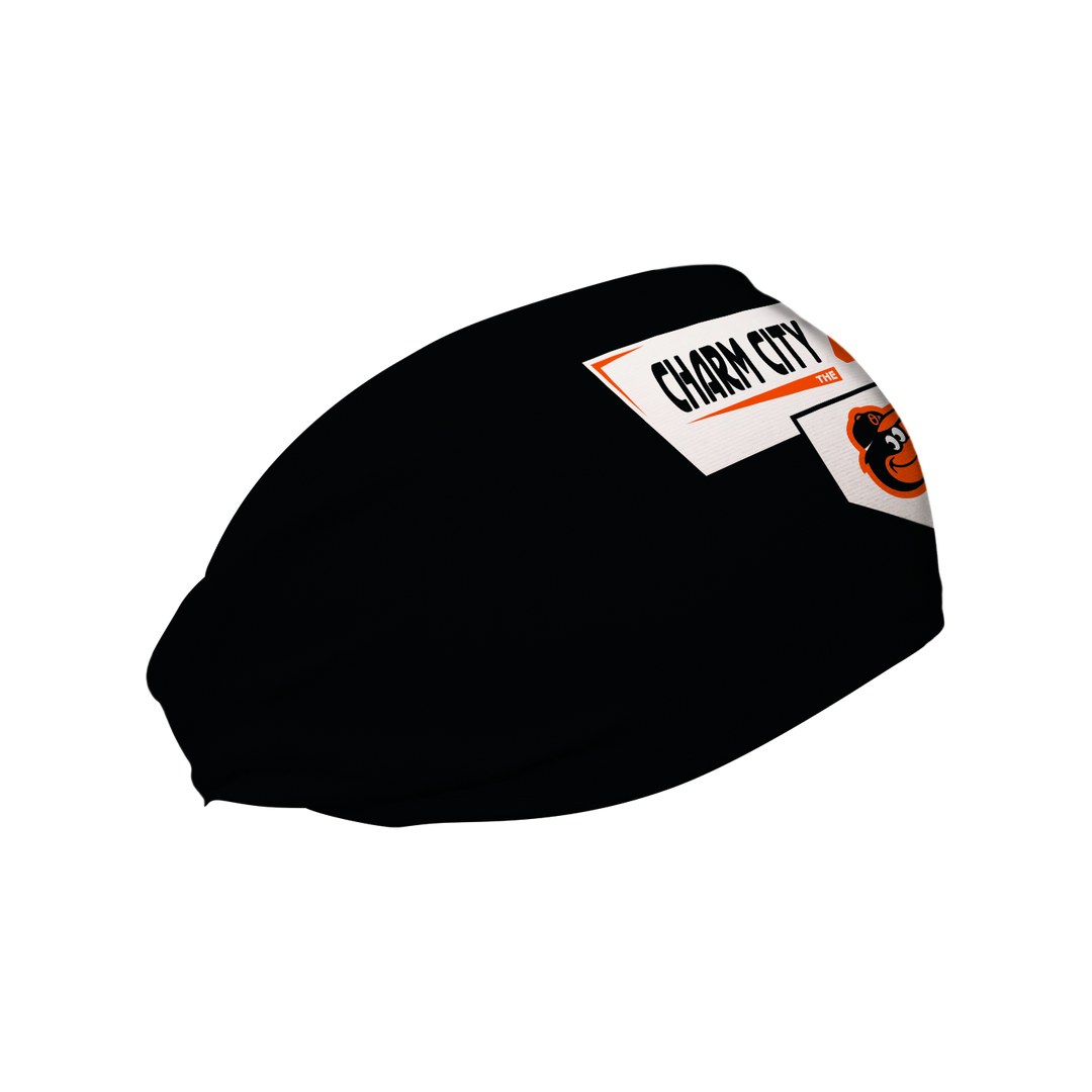 Side view of MLB Baltimore Orioles black headband with Charm city area code. Made in USA, Vertical Athletics brand. 