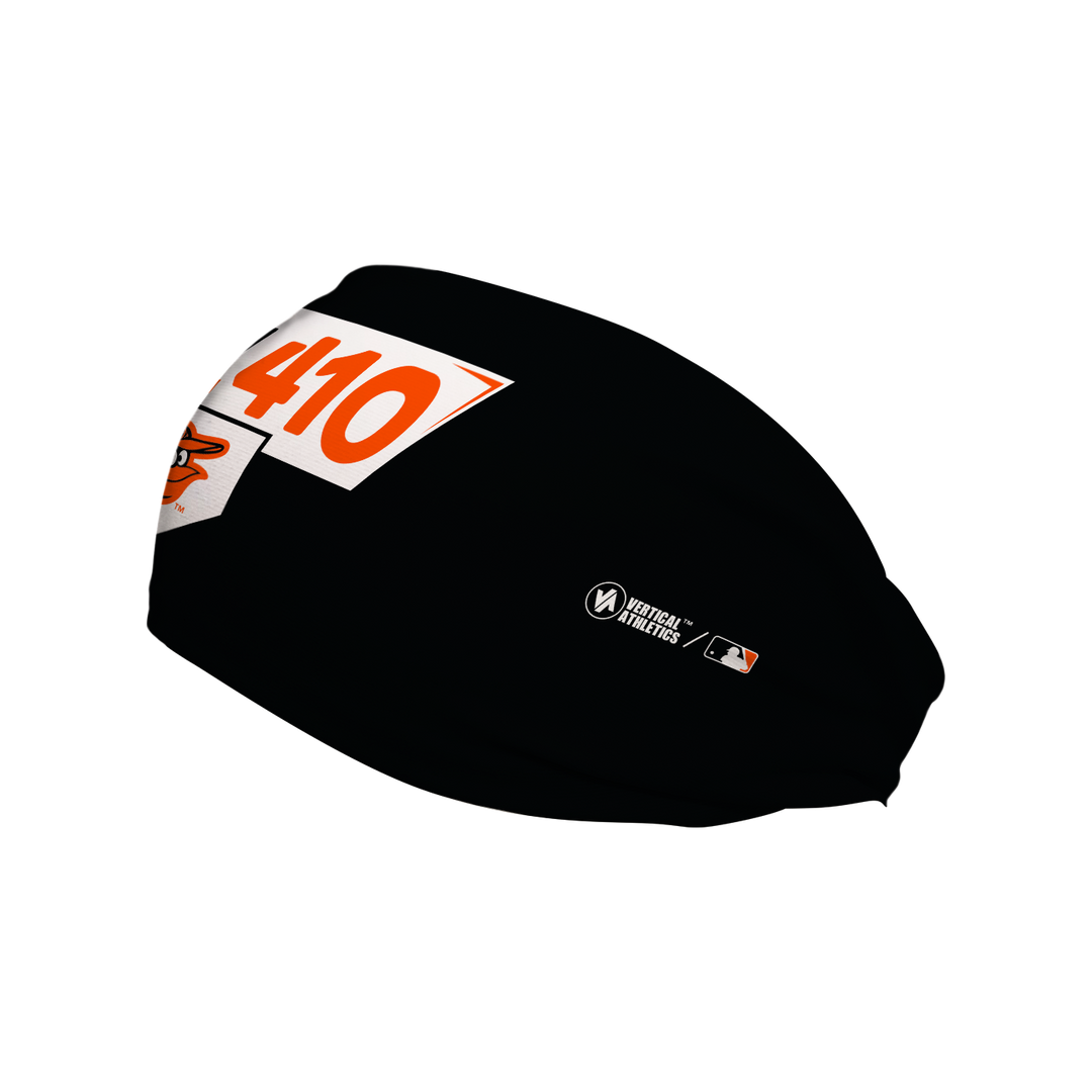 Side view of MLB Baltimore Orioles black headband with Charm city area code. Made in USA, Vertical Athletics brand. 