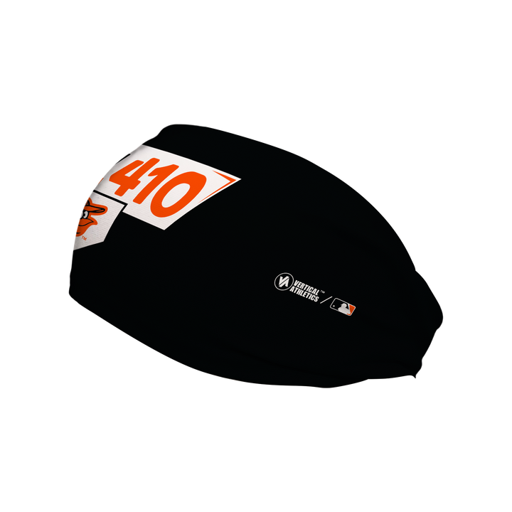 Side view of MLB Baltimore Orioles black headband with Charm city area code. Made in USA, Vertical Athletics brand. 