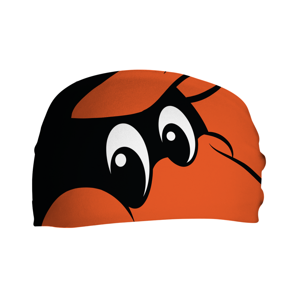 MLB Baltimore Orioles cooling headband with the Oriole Bird mascot stare. Made in USA, Vertical Athletics brand. 