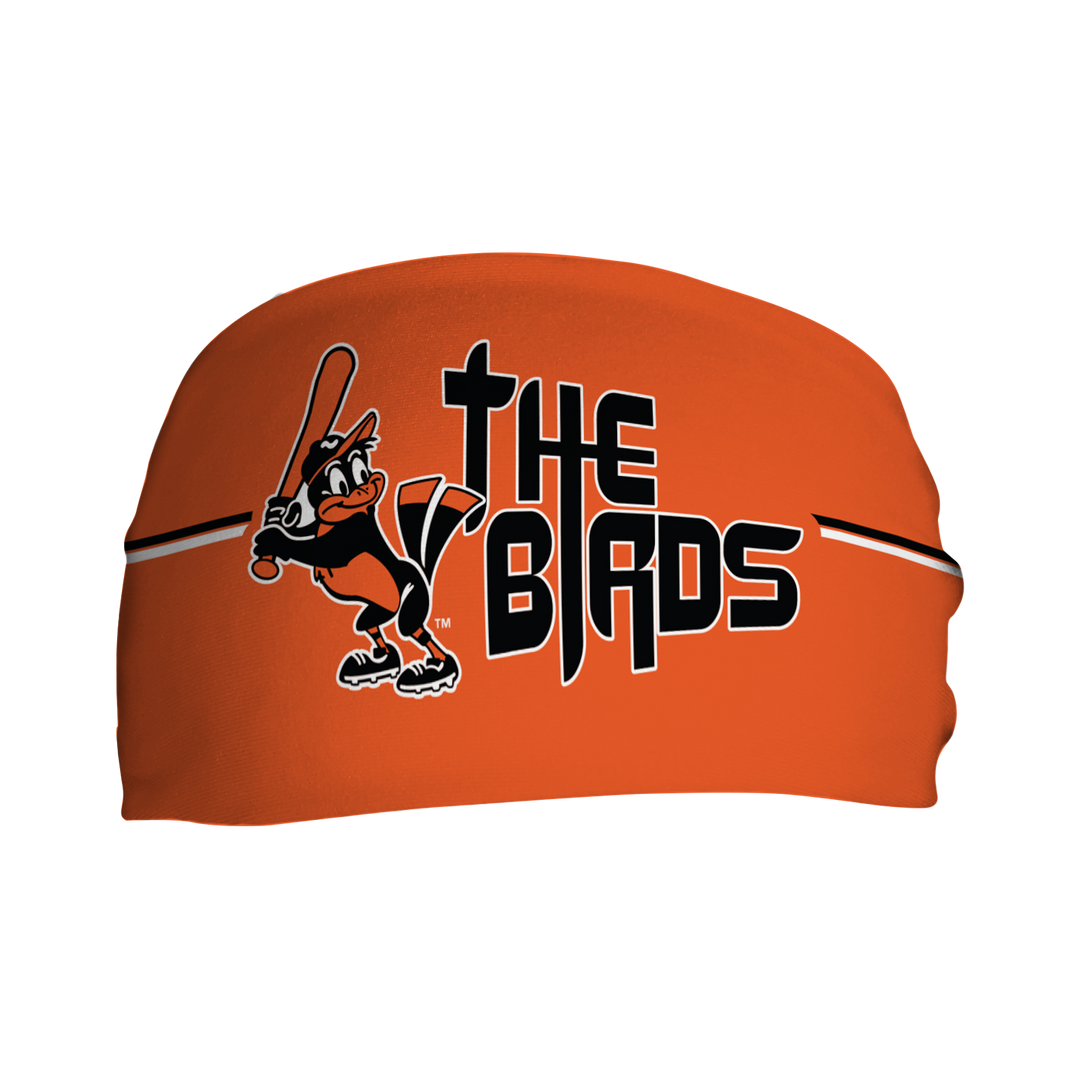 Front view of MLB Baltimore Orioles orange headband with the birds logo. Made in USA, Vertical Athletics brand. 