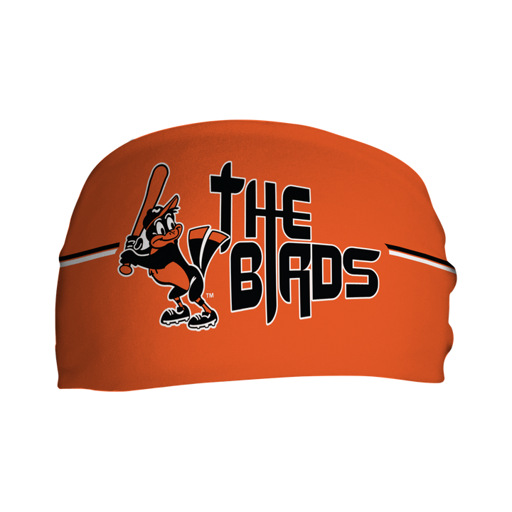 Front view of MLB Baltimore Orioles orange headband with the birds logo. Made in USA, Vertical Athletics brand. 