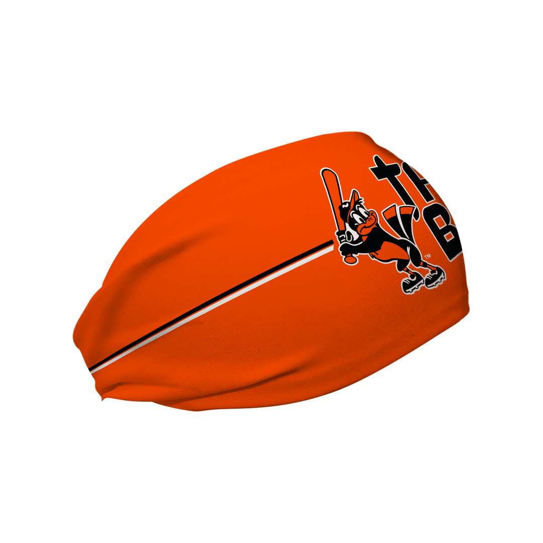 Side view of MLB Baltimore Orioles orange  headband with the birds logo. Made in USA, Vertical Athletics brand. 