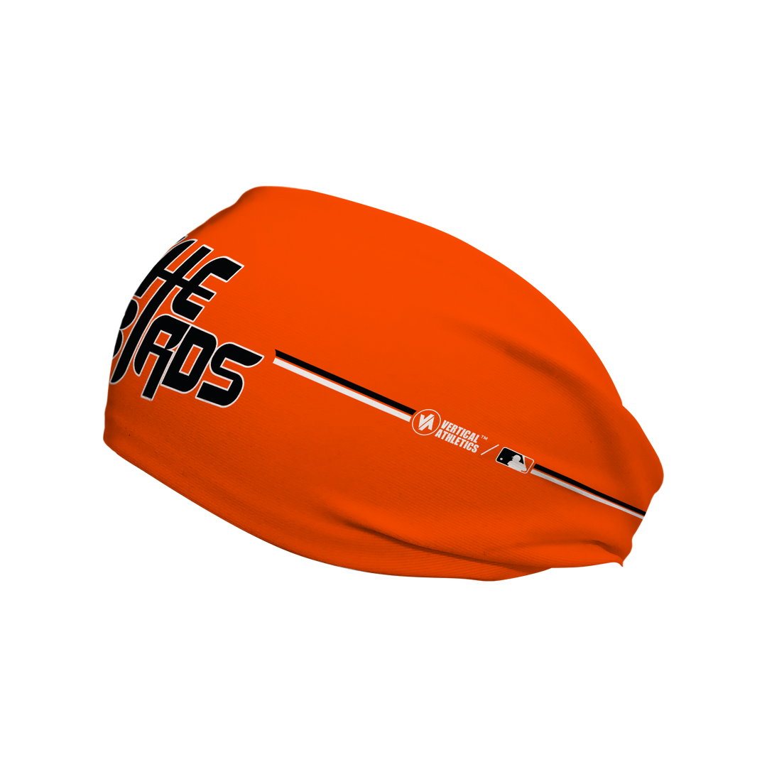 Side view of MLB Baltimore Orioles orange headband with the birds logo. Made in USA, Vertical Athletics brand. 