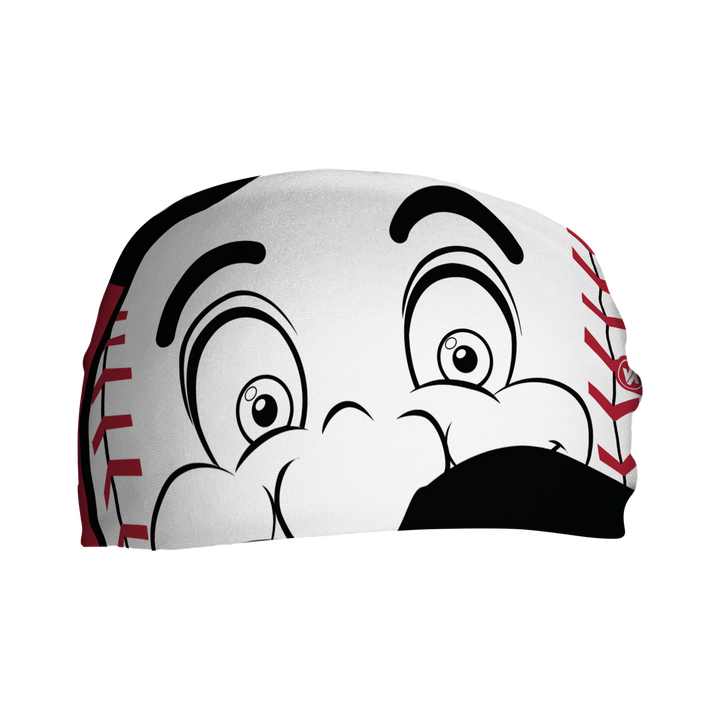 Front  view of MLB Cincinnati Reds headband with Mr. Red  mascot stare. Made in USA, Vertical  Athletics brand. 