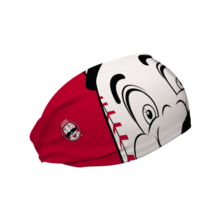 Side view of MLB Cincinnati Reds headband with Mr. Red mascot stare. Made in USA, Vertical Athletics brand.