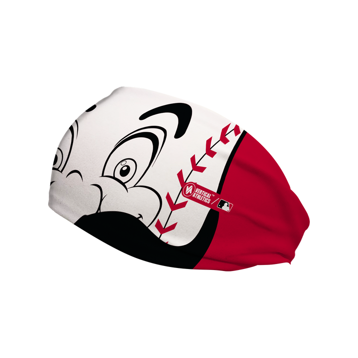 Side view of MLB Cincinnati Reds headband with Mr. Red mascot stare. Made in USA, Vertical Athletics brand.