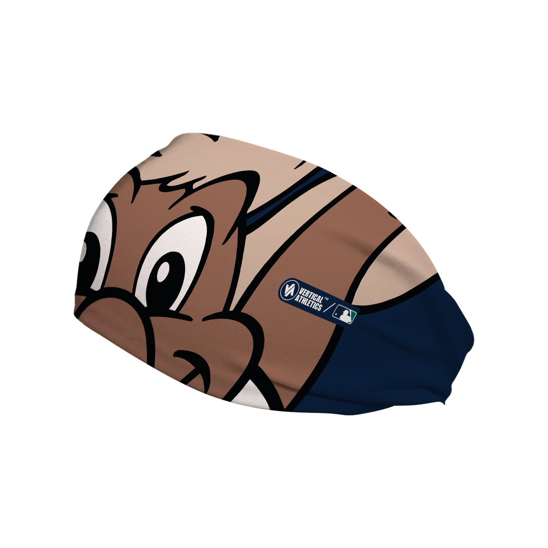 Side view of MLB Seattle Mariners headband with Mariner Moose mascot stare. Made in USA, Vertical Athletics brand.  