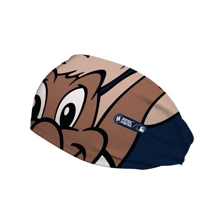 Side view of MLB Seattle Mariners headband with Mariner Moose mascot stare. Made in USA, Vertical Athletics brand.  