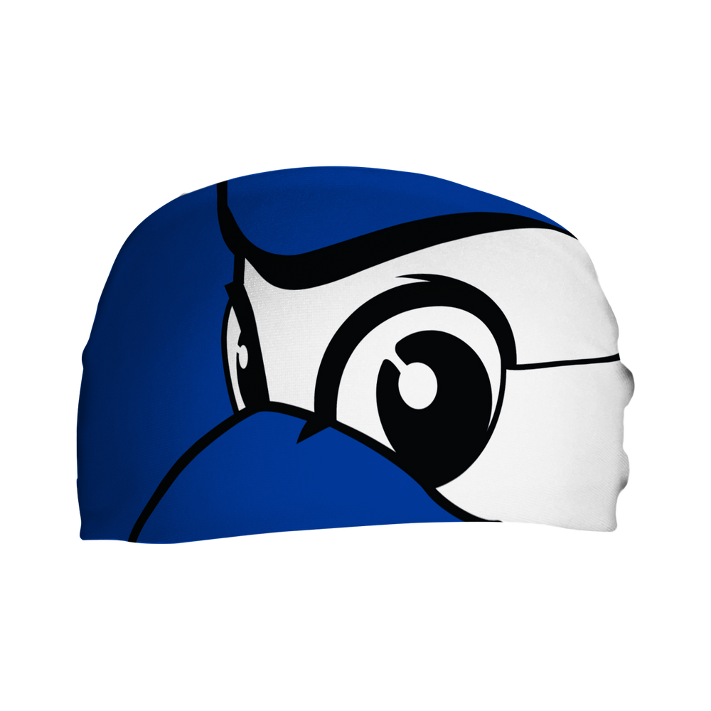 Front view of MLB Toronto Blue Jays royal headband with Ace mascot stare. Made in USA, Vertical Athletics brand.  