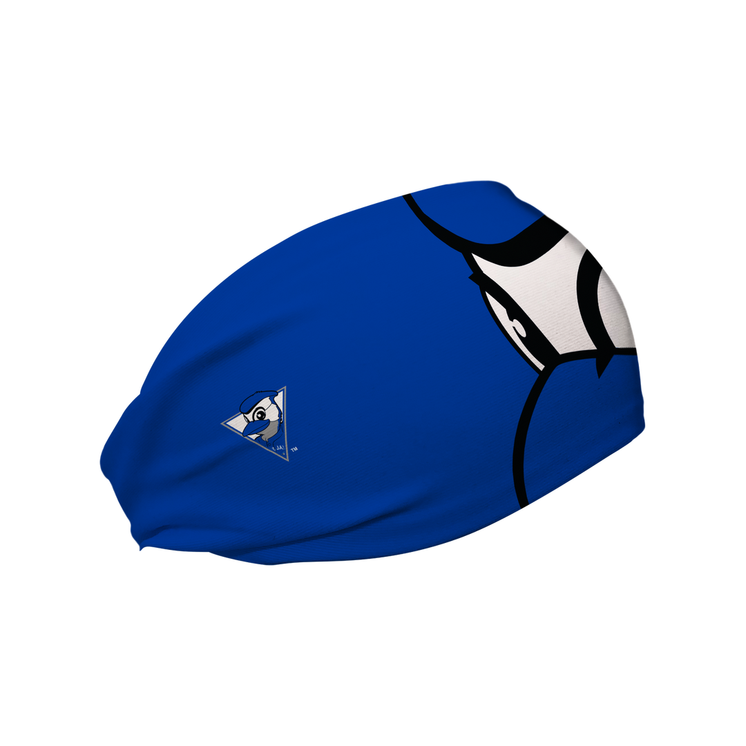 Side view of MLB Toronto Blue Jays royal headband with Ace mascot stare. Made in USA, Vertical Athletics brand.  