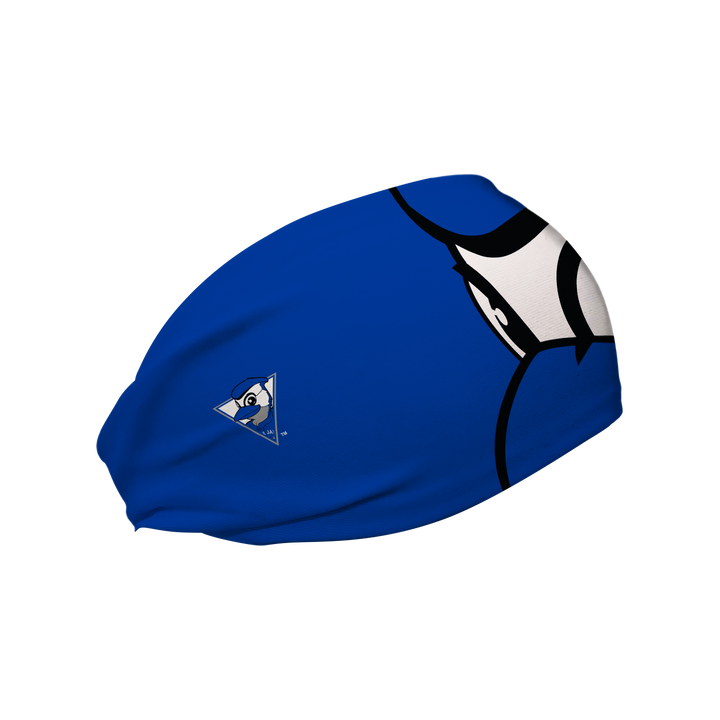 Side view of MLB Toronto Blue Jays royal headband with Ace mascot stare. Made in USA, Vertical Athletics brand.  