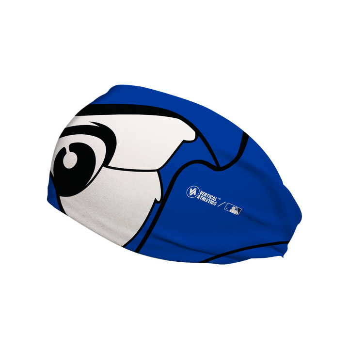 Side view of MLB Toronto Blue Jays royal headband with Ace mascot stare. Made in USA, Vertical Athletics brand.  