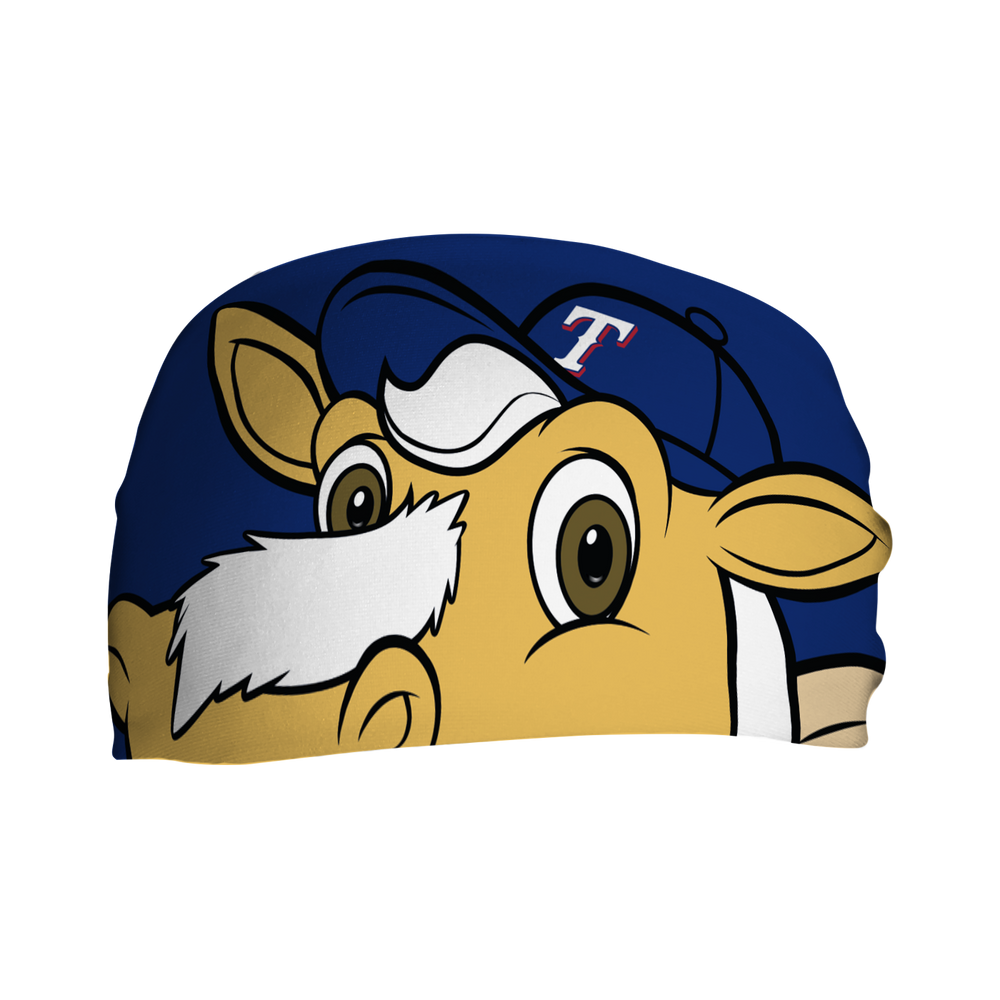 Front view of MLB Rangers Captain headband with Texas Rangers mascot stare. Made in USA, Vertical Athletics brand.  