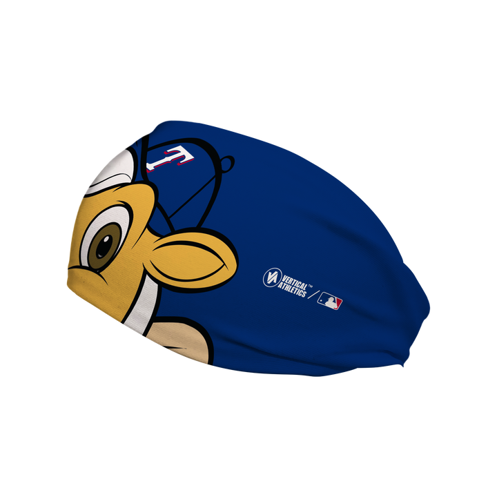 Side view of MLB Rangers Captain headband with Texas Rangers mascot stare. Made in USA, Vertical Athletics brand.  