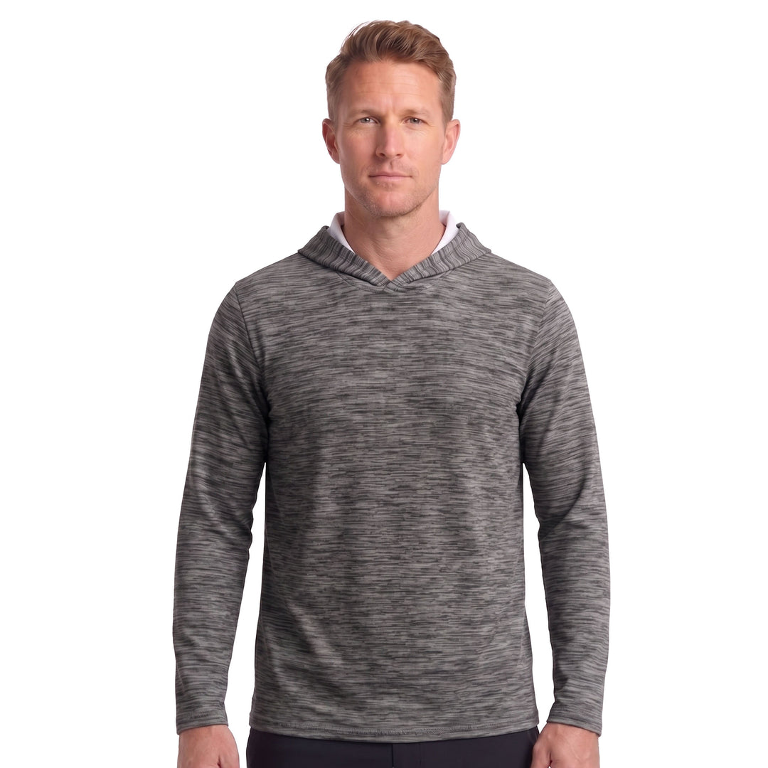 A man wearing a heather gray long-sleeve hooded shirt, shown from the waist up against a plain white background.