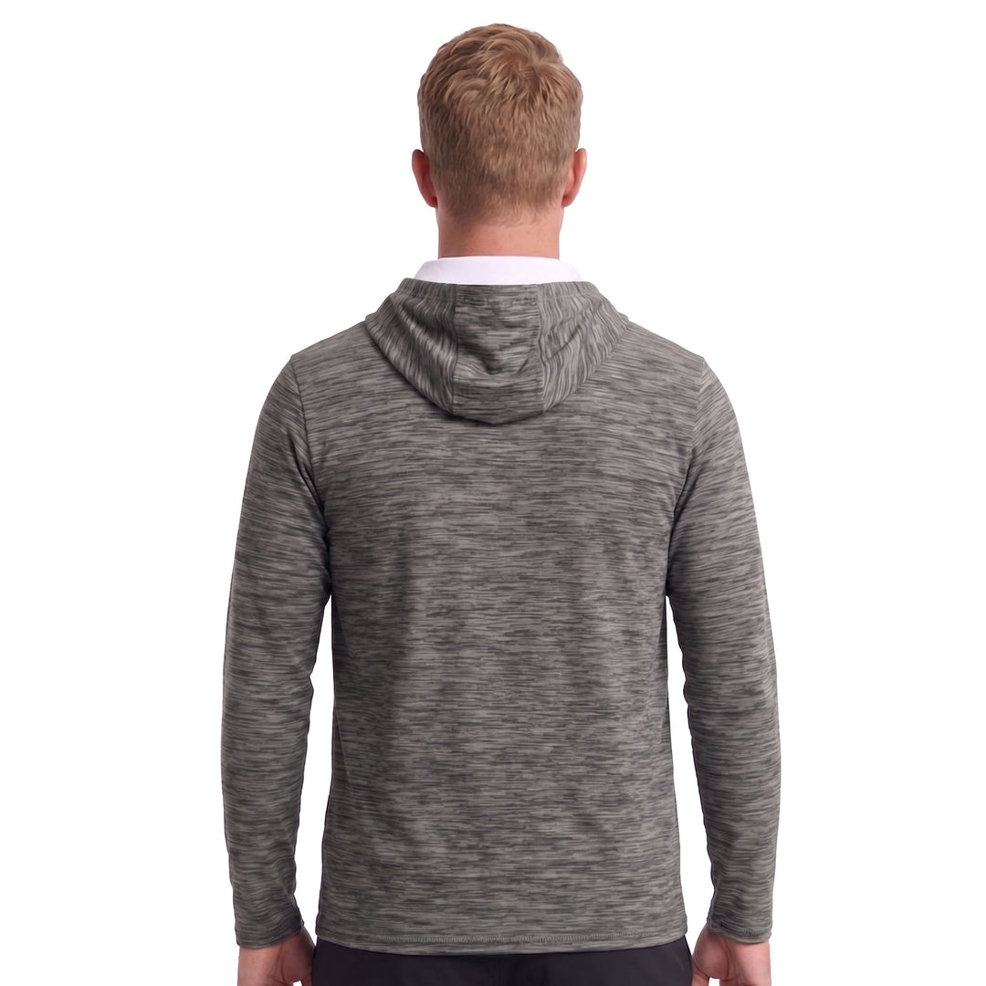 A man viewed from behind wearing a heather gray long-sleeve hooded shirt over a white undershirt, set against a plain white background.