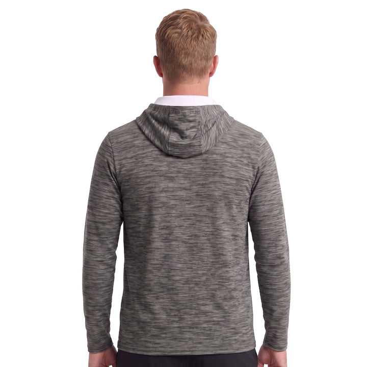 A man viewed from behind wearing a heather gray long-sleeve hooded shirt over a white undershirt, set against a plain white background.