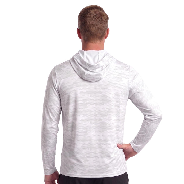 A man viewed from the back wearing a white long-sleeve hooded shirt with a subtle tonal camouflage pattern, set against a plain white background.