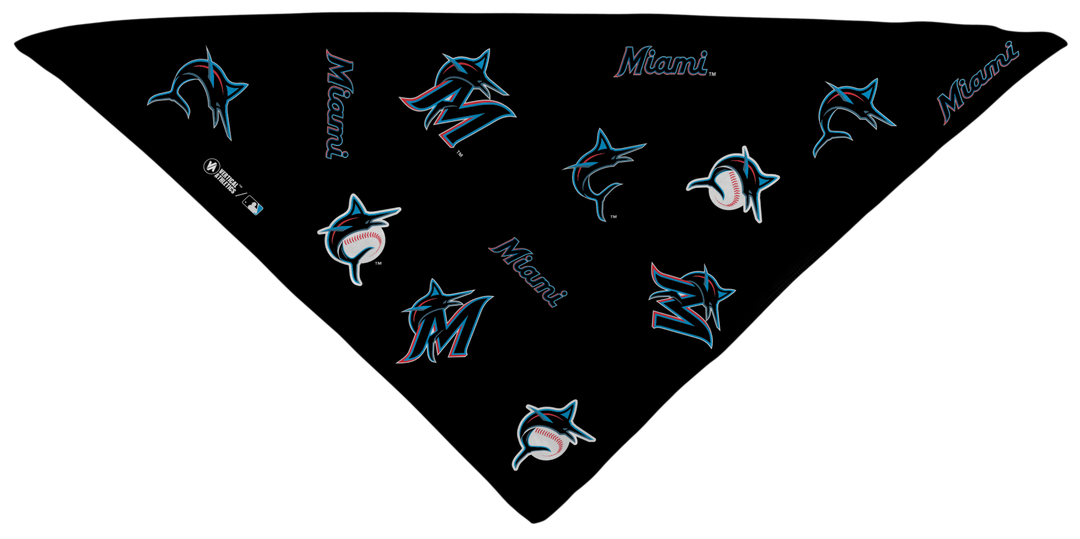 MLB Miami Marlins triangle cooling bandana with team logos all over. Made in the USA, Vertical Athletics brand.