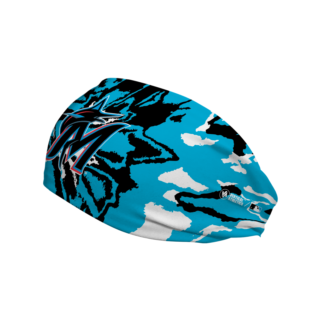 Side view of MLB Miami Marlins Tie-Dye headband with Cap logo. Made in USA, Vertical Athletics brand.  