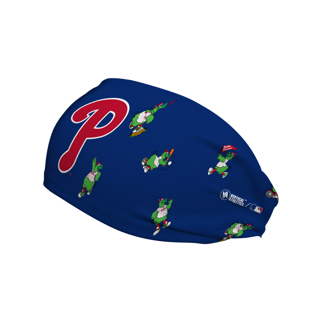 MLB licensed Philadelphia Phillies Phanatic All Over navy cooling headband. Vertical Athletics brand.