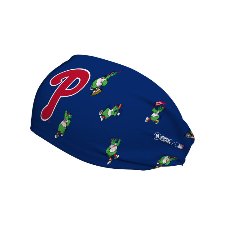 MLB licensed Philadelphia Phillies Phanatic All Over navy cooling headband. Vertical Athletics brand.