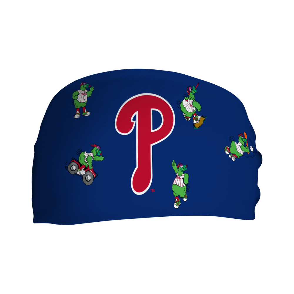 MLB licensed Philadelphia Phillies Phanatic All Over navy cooling headband. Vertical Athletics brand.