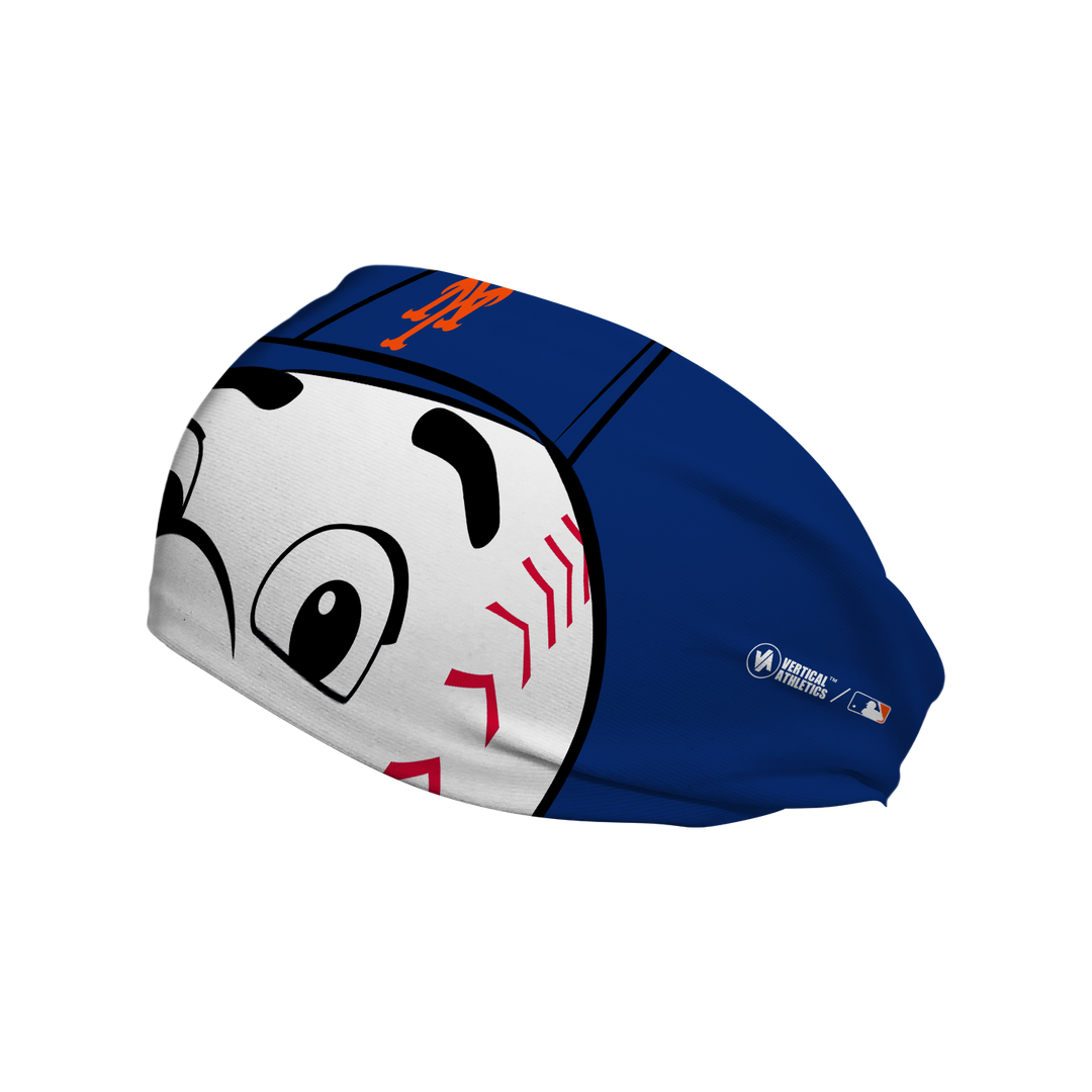 MLB New York Mets cooling headband with Mr. Met mascot stare. Made in USA, Vertical Athletics brand.  