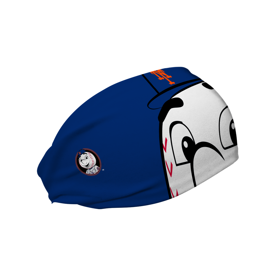 MLB New York Mets cooling headband with Mr. Met mascot stare. Made in USA, Vertical Athletics brand.  