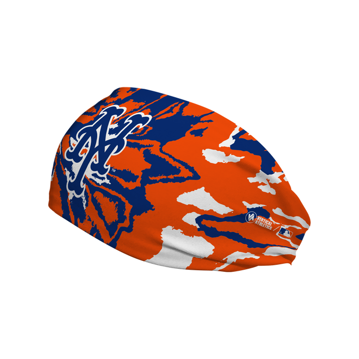 Side view of MLB New York Mets Tie-Dye headband with cap logo. Made in USA, Vertical Athletics brand.  