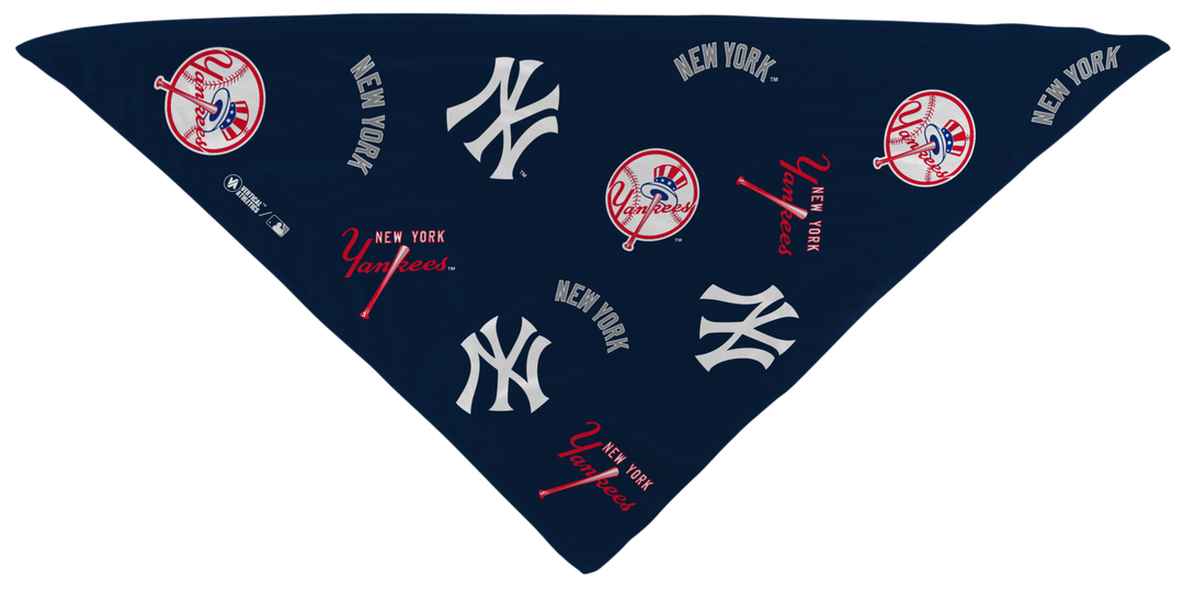 MLB New York Yankees cooling triangle bandana with team logo all over. Made in USA, Vertical Athletics brand.