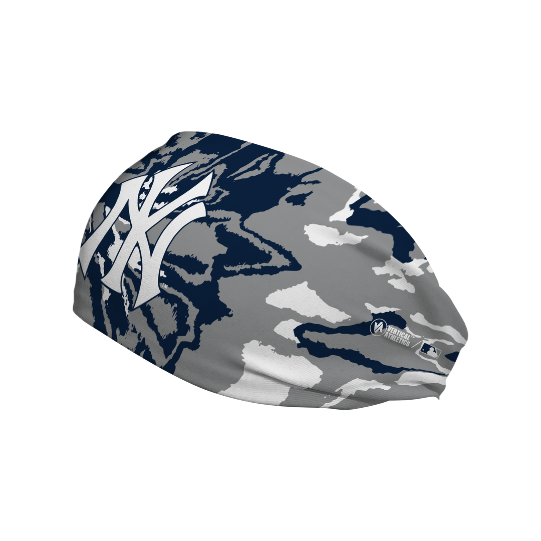 Side view of MLB New York Yankees Tie-Dye headband with Cap logo. Made in USA, Vertical Athletics brand.  