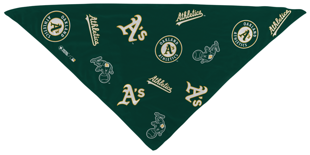 MLB Athletics cooling triangle bandana with team logo all over. Made in USA, Vertical Athletics brand.
