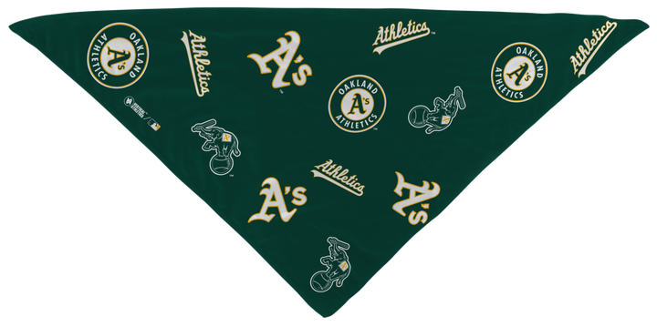 MLB licensed Oakland Athletics Triple Play Cooling Bundle: Cooling Triangle Bandana with All Over logo. Made in USA. Vertical Athletics Brand. 
