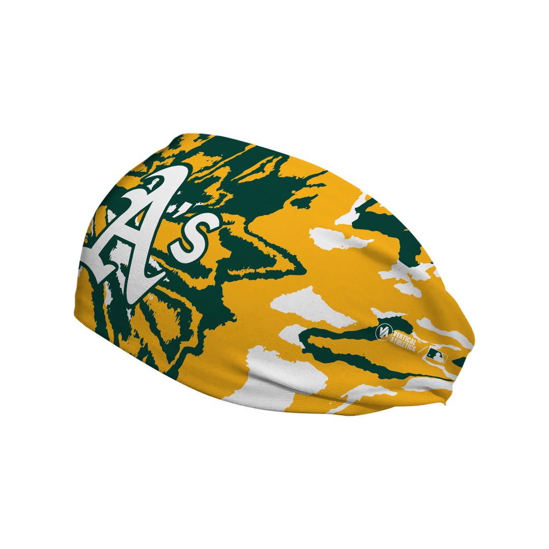 Side view of MLB Athletics Tie-Dye cooling headband with cap logo. Made in USA, Vertical Athletics brand.  