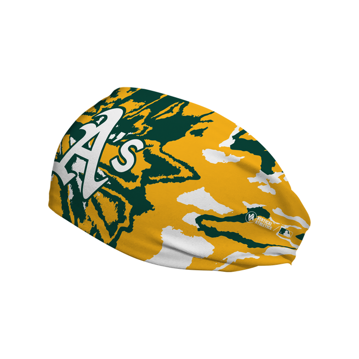 Side view of MLB Athletics Tie-Dye cooling headband with cap logo. Made in USA, Vertical Athletics brand.  