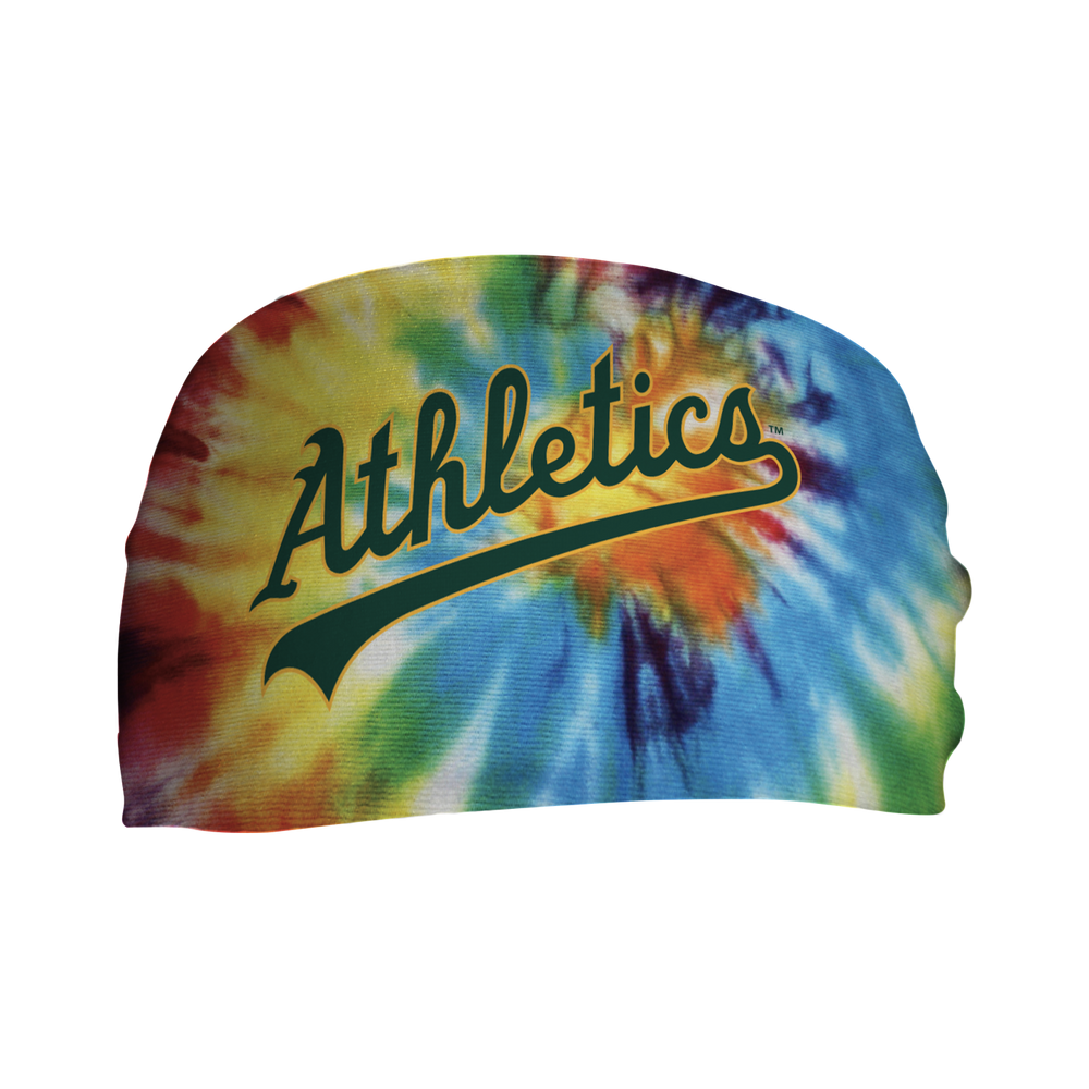 Front view of MLB Athletics Rainbow Tie-Dye cooling headband with Wordmark logo. Made in USA, Vertical Athletics brand.  