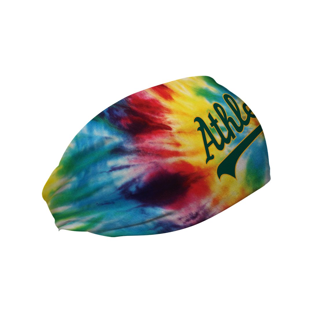 Side view of MLB Athletics Rainbow Tie-Dye cooling headband with Wordmark logo. Made in USA, Vertical Athletics brand.  