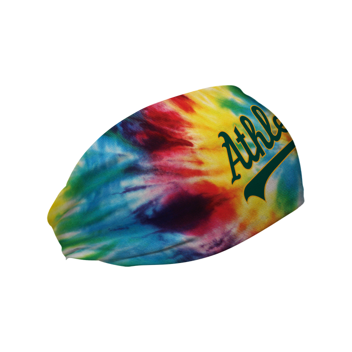 Side view of MLB Athletics Rainbow Tie-Dye cooling headband with Wordmark logo. Made in USA, Vertical Athletics brand.  