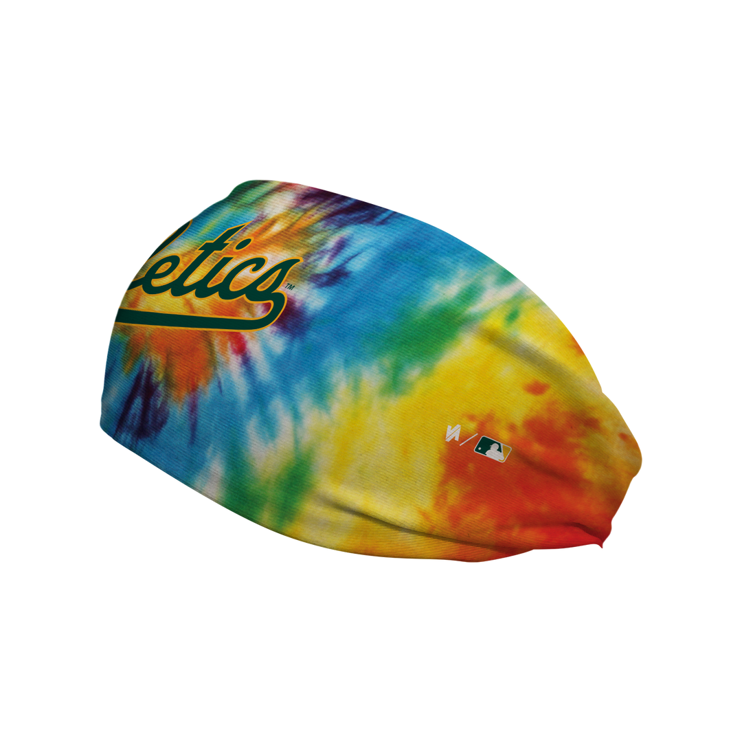 Side view of MLB Athletics Rainbow Tie-Dye cooling headband with Wordmark logo. Made in USA, Vertical Athletics brand.  