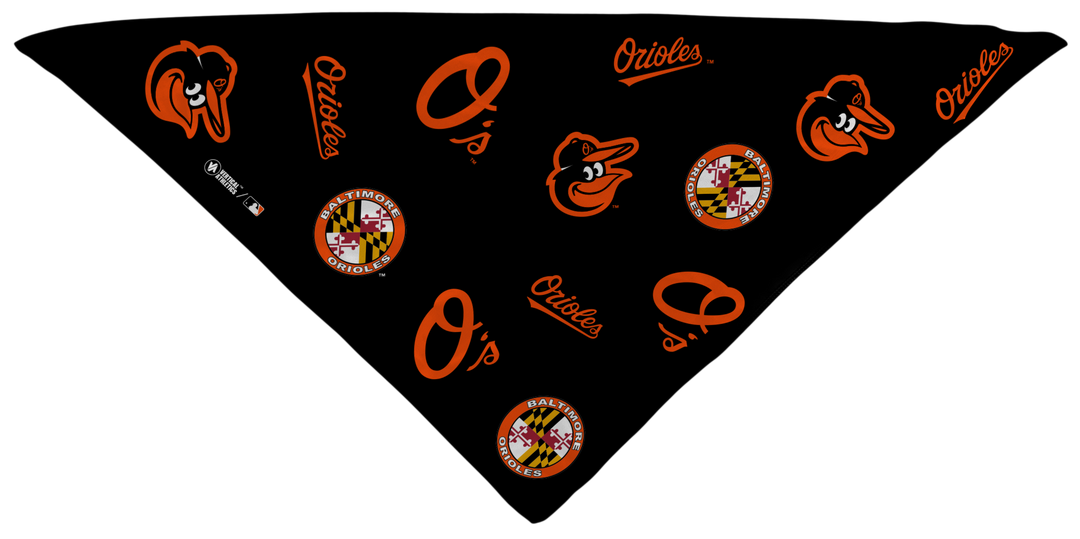 MLB Boston Orioles triangle cooling bandana with team logos all over. Made in the USA, Vertical Athletics brand.