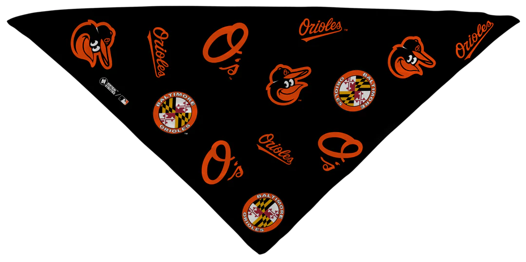 MLB licensed Baltimore Orioles Play Cooling Bundle: Cooling Triangle Bandana with All Over logo. Made in USA. Vertical Athletics Brand. 